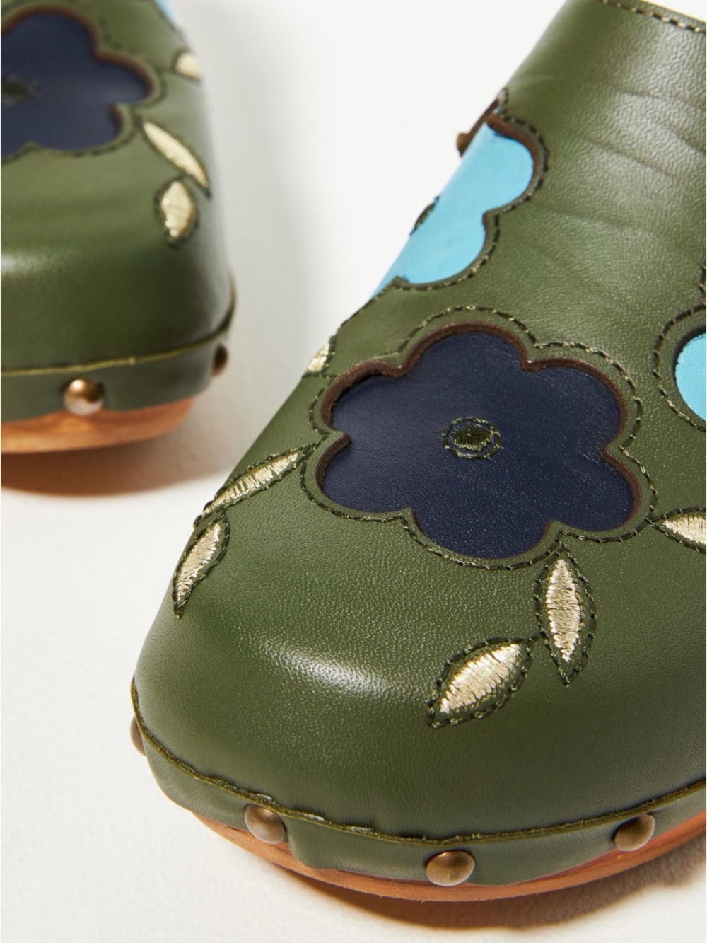 Penelope chilver Olive Floral Leather Clogs with Blue Accents - Picture 2 of 3